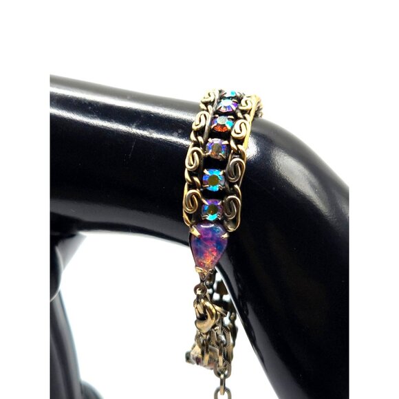 Vintage Brass Filigree Bracelet Aurora Borealis Rhinestones Foil Glass Opal - Picture 1 of 7